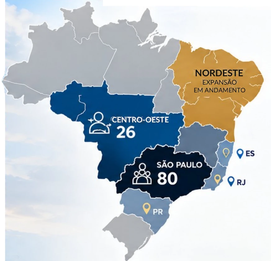 Mapa ilustrativo das principais regiões de atuação dos representantes da Polyser, com expansão comercial no Nordeste. O atendimento a clientes abrange todo o Brasil.